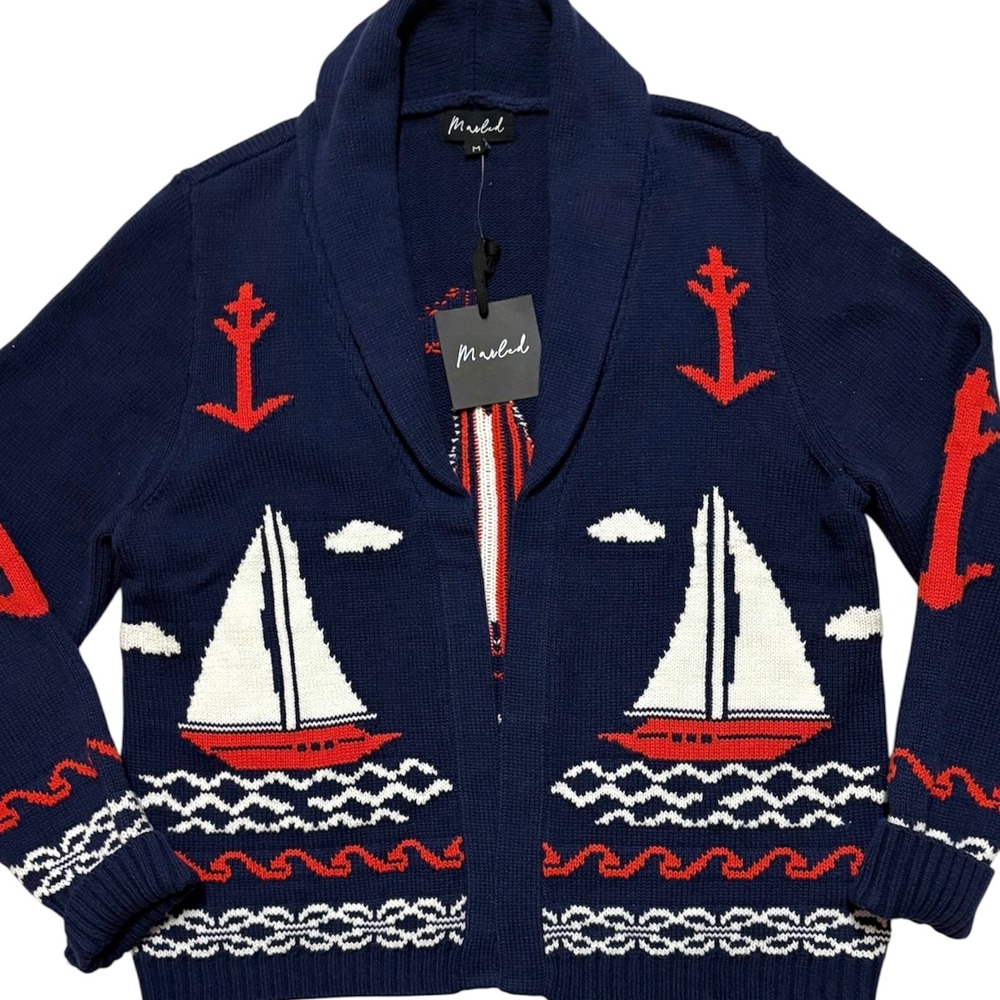 Sailboat Lodge Cardigan Sweater Nautical Anchors Navy Marled Knit Womens M NWT